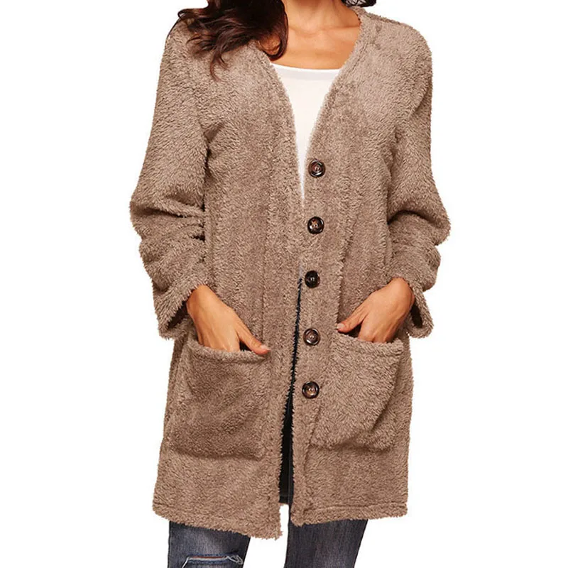 Abrigo de piel sintética para mujer, chaqueta de manga larga con bolsillos y una botonadura, abrigos de talla grande, informal, de felpa, Otoño e Invierno