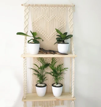 

Double Macrame Plant Hanger with Wooden Shelf Rope Planter Pot Hanger Basket Holder