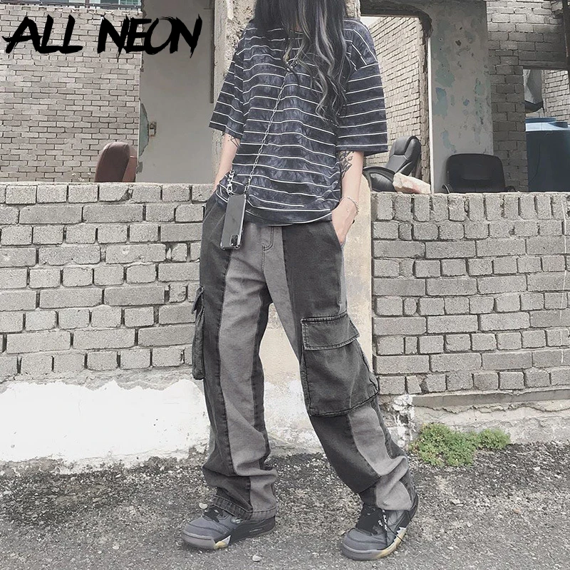 

ALLNeon Grunge Aesthetics Patchwork with Big Pockets Straight Jeans Y2K Fashion Demin High Waist Long Trousers Streetwear Punk