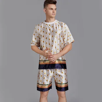 

Casual Sleep Set Satin Nightwear 2PCS Pajamas Suit Men Sleepwear Intimate Lingerie Sexy Nightgown Silky Kimono Robe Homewear