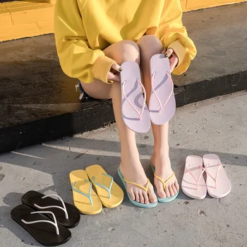 

Women's Candy-Colored Flat Flip-flops Summer Rainbow Anti-slip Split Toe Semi-high Heeled Seaside Beach Students Slippers