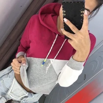 

Patchwork Hooded Tops Women Long Sleeve Fashion Hoodies Sweatshirts Rk