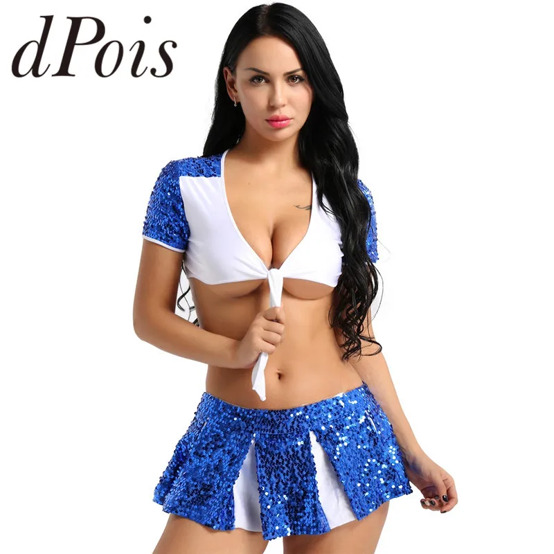 

Sporting Activities Women Adult Shiny Sequins Charming Cheerleader Uniforms Costume Suit Short Sleeve Crop Top + Mini Pantskirt