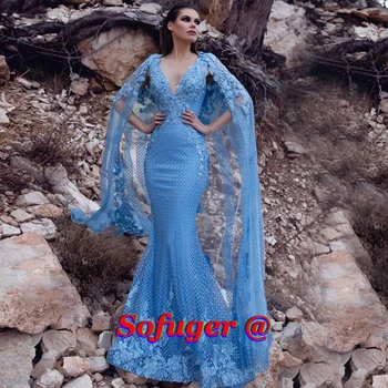 

Stunning Fashion Blue Trumpet Evening Dresses Prom Flowers Africal Saudi Arabic Special Dubai Evening Formal Prom Robe De Soiree