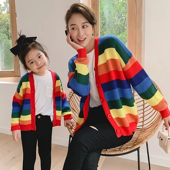 

Mother Daughter Family Sweaters Autumn Long Sleeve Rainbow Stripe Sweater Cardigan Casual Knit Cardigans Family Matching Clothes