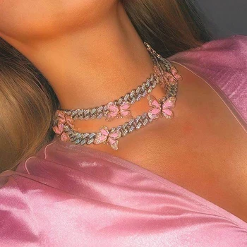 

Multicolor Enamel Pink CZ Butterfly Necklace 12mm Iced Out Bling AAA CZ Miami Cuban Link Chain Butterflys Choker Women Jewelry