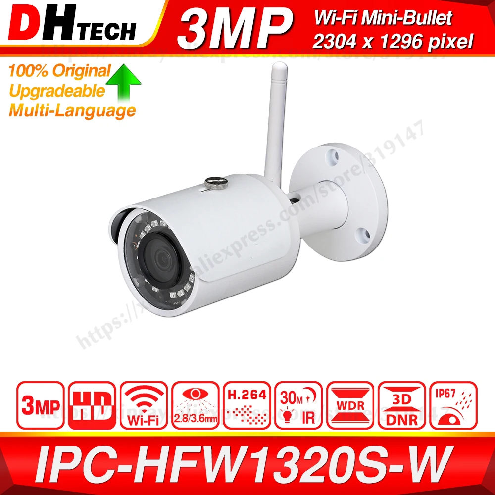 

Dahua Original IPC-HFW1320S-W 3MP WiFi 30M IR IP67 SD Card Slot Smart IR BLC HLC DWDR Wireless Upgradeable Mini Bullet IP Camera