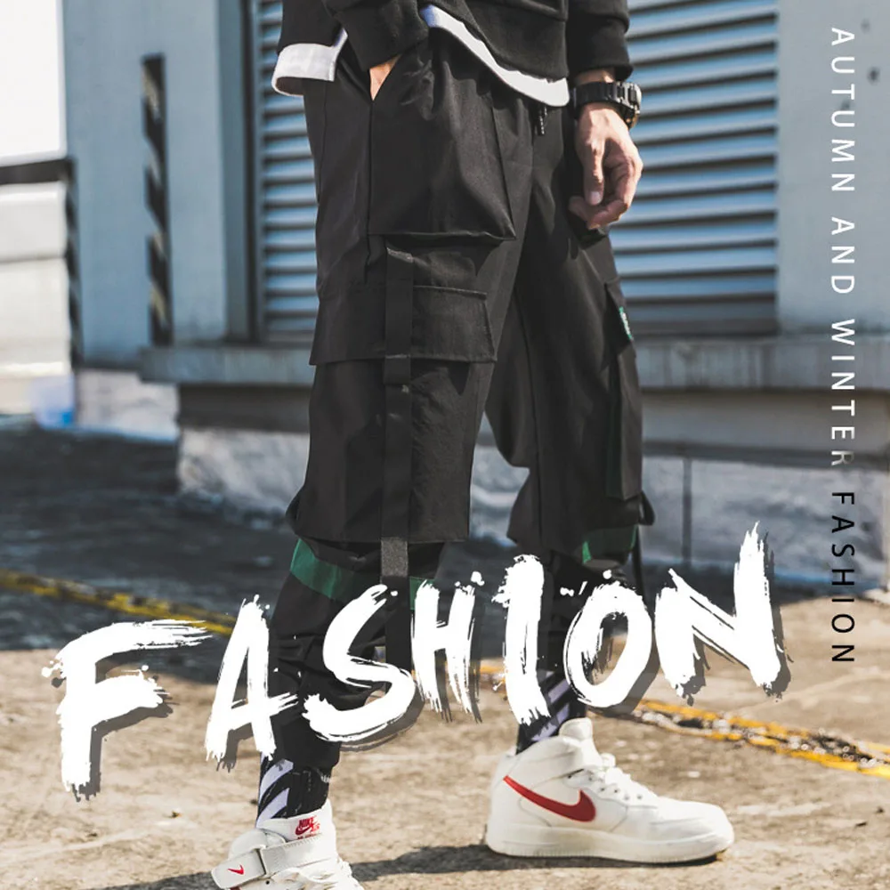

Autumn Trend Ribbon Splicing Leggings Men's Sports Pants Hip Hop Overalls Loose Multi Pocket Pants