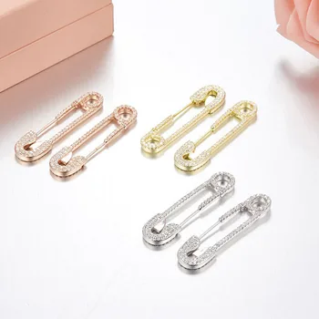 

High Quality 925 Sterling Silver Paper Clips Safety Pin Design Earrings Micro Cubic Zirconia Women Luxury Brand Jewelry