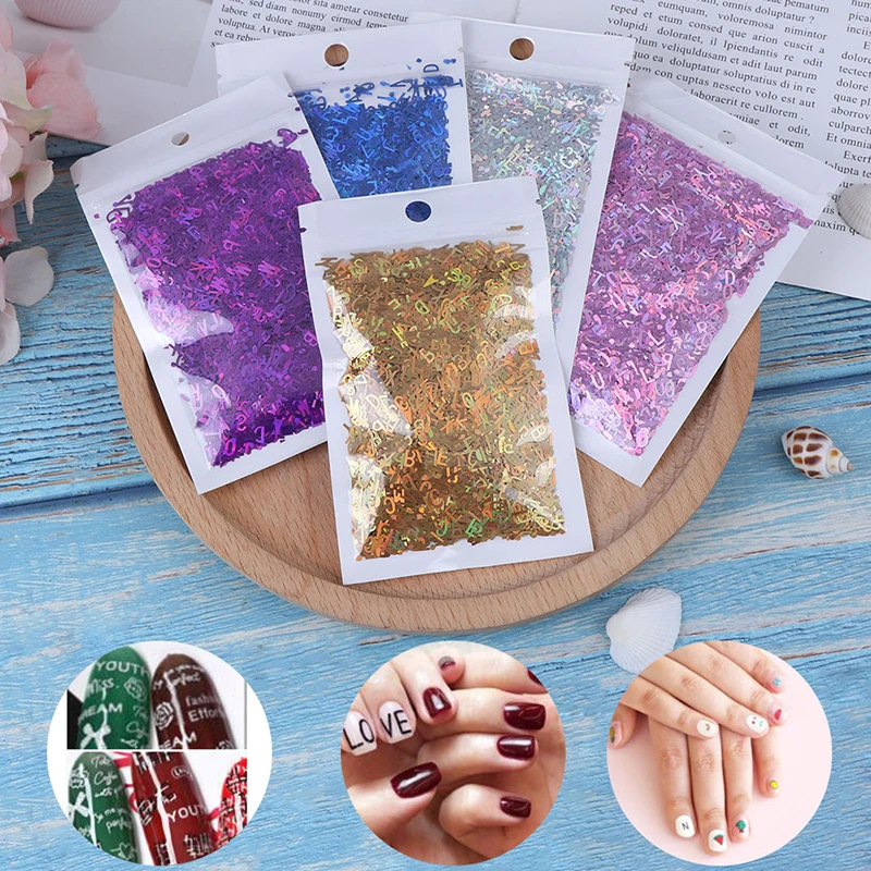 10g/bag Laser Letter Shape Nail Glitter Sequins Mixed Nail Flakes Manicure Laser Sequin Decoration Nail Art