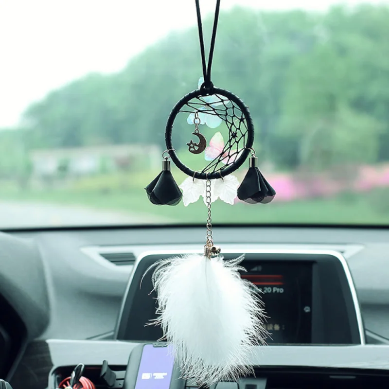 

Scandinavian Style Moon Dreamcatcher With Moon Star & Butterfly & Leaves & White Feather Windows Pendant Decoration Accessories