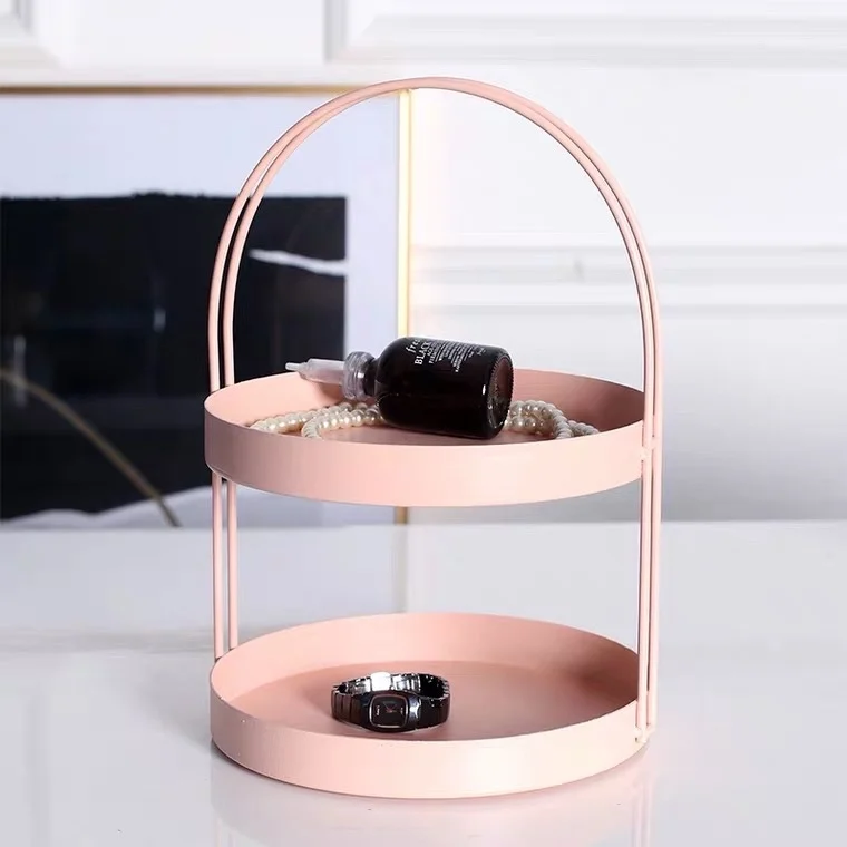 

Nordic 2-layer Metal Storage Tray Cosmetic Storage Shelf Necklace Ring Earrings Display Stand Desktop Porch Decoration Organizer