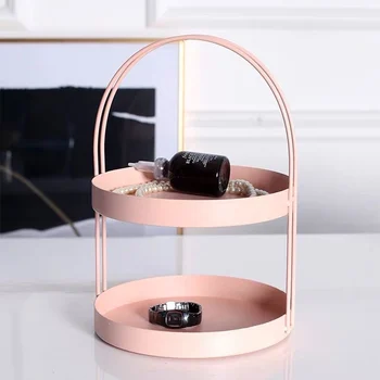 

Nordic 2-layer Metal Storage Tray Cosmetic Storage Shelf Necklace Ring Earrings Display Stand Desktop Porch Decoration Organizer