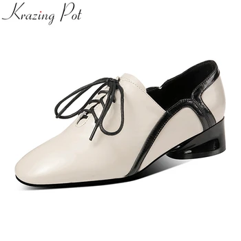 

Krazing Pot big size genuine leather mixed colors med heels women pumps round toe office lady lace up dress spring shoes L82