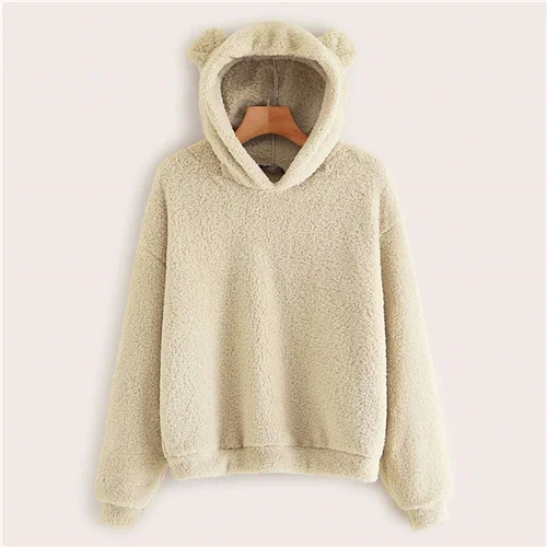 Beige SHEIN Однотонный Свитшот С Капюшоном Модная Толстовка Тедди С Длинным Рукавом - Цвет: Beige