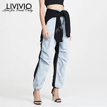 [LIVIVIO] уличная Лоскутная потертая ВИНТАЖНАЯ ДЖИНСОВАЯ брюки для женщин джинсы женские широкие прямые брюки осень Мода Новинка