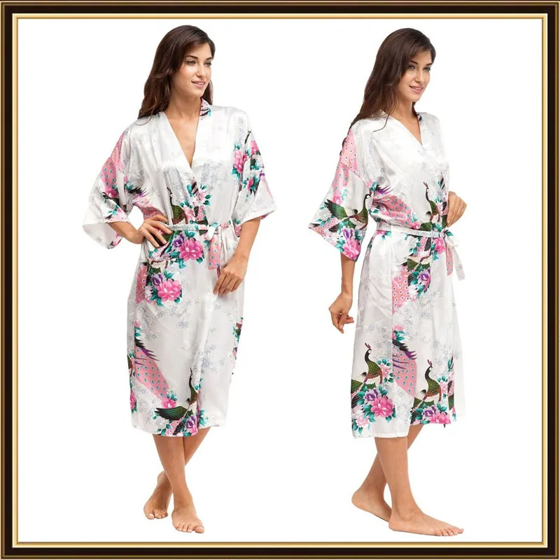 Half Sleeve Loose Style Woman Japanese Kimono Satin Silk Sleepwear Pajamas Peacock Spa Yukata Bathing Robe Lady's Long Dress