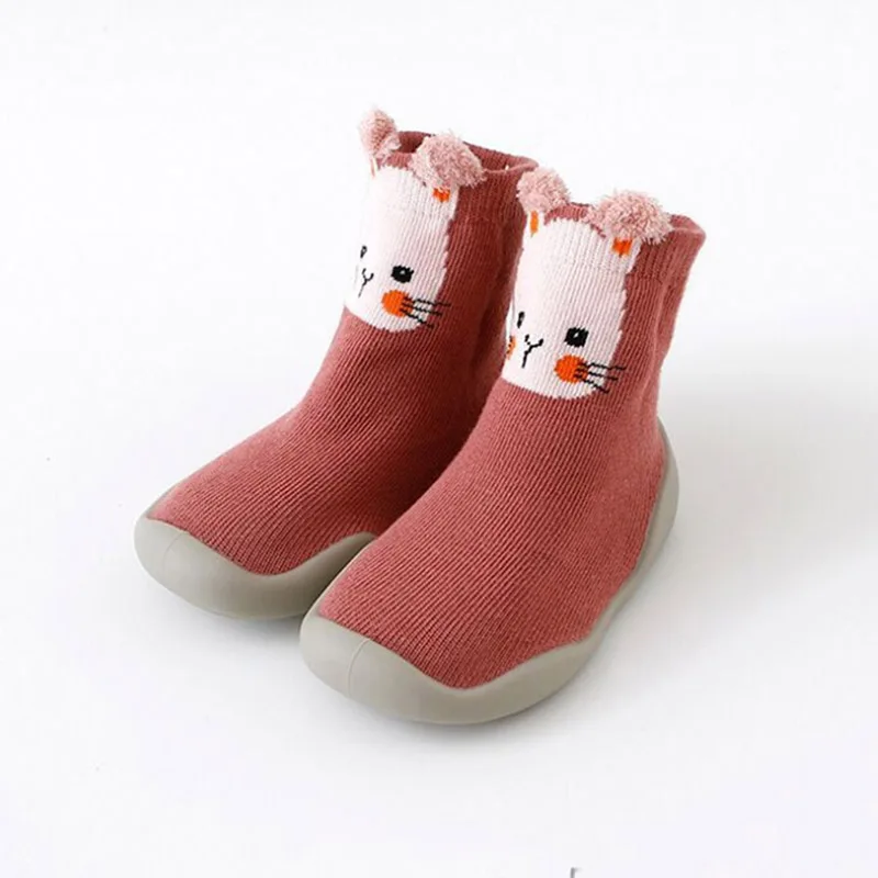 Pink Rabbit Обувь для маленьких девочек; первый шаг; вязаная детская обувь; мягкая резиновая подошва; теплые домашние тапочки с героями мультфильмов; сезон осень-зима; обувь для первых шагов - Цвет: Pink Rabbit
