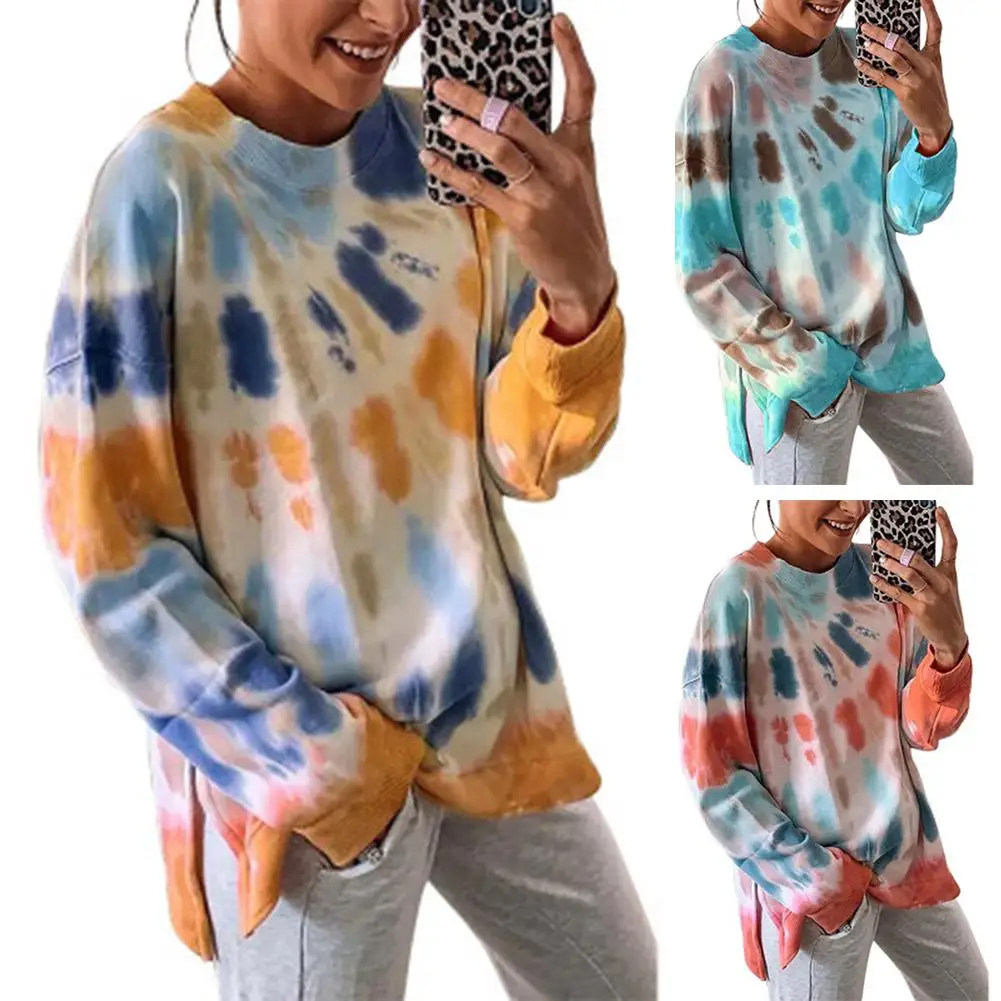 

Women Fashion Long Sleeve Slit Hem Tie Dye Loose Pullover Sweatshirt Blouse Tie dye blouse features side slit hem hot sales !!!!