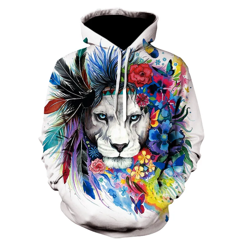 

2020 autumn new 3D printing feather lion painting pattern hoodie autumn men and women warm and comfortable top hoodie