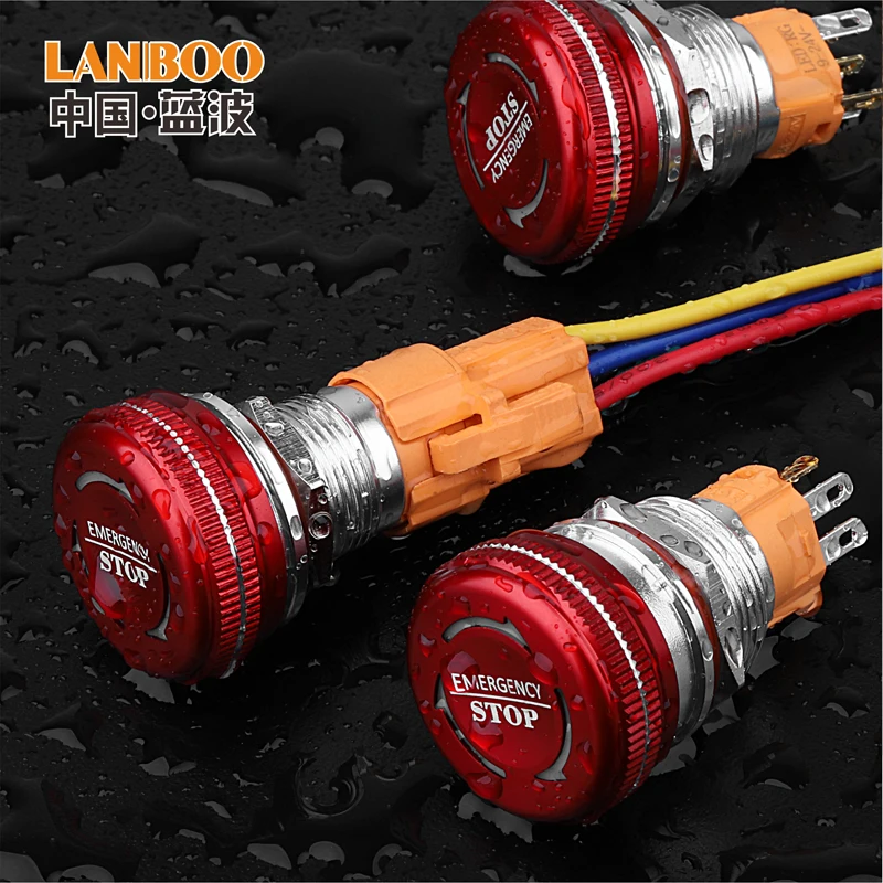 

LANBOO 16mm 19mm 22mm Mushroom emergency stop push button switch with led 12V24V light luminescence waterproof IP65