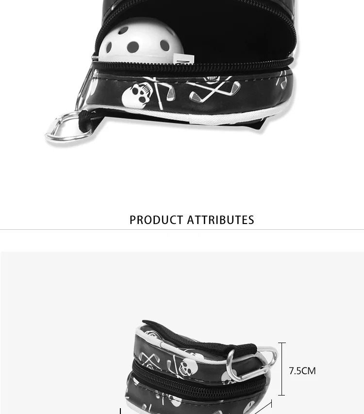 Mini Golf Ball Bag Tees Holder Skull Design PU Leather Golf Waist Pouch Storage Bag Container Zipper Closure Carabiner