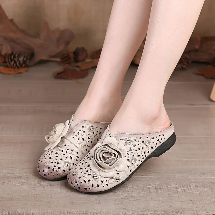 

2019 New Style Genuine Leather Ethnic-Style Closed-toe Drag Women's Retro Handmade Flower Summer Sandals Women's