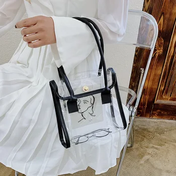 

Women's 2020 Summer New Products All-match Simple Soft Leather Transparent Bag Girl Stitching Handbag Holiday Travel Beach Bag