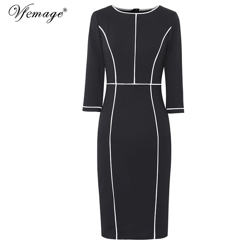 Vfemage Womens Autumn Elegant Colorblock Patchwork Contrast Slim Fit Casual Work Business Office Party Bodycon Pencil Dress 367