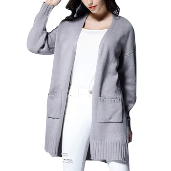 

Women Knit Long Sleeve Warm Medium Long Cardigan Autumn Winter Spring Pocket Casual Coat