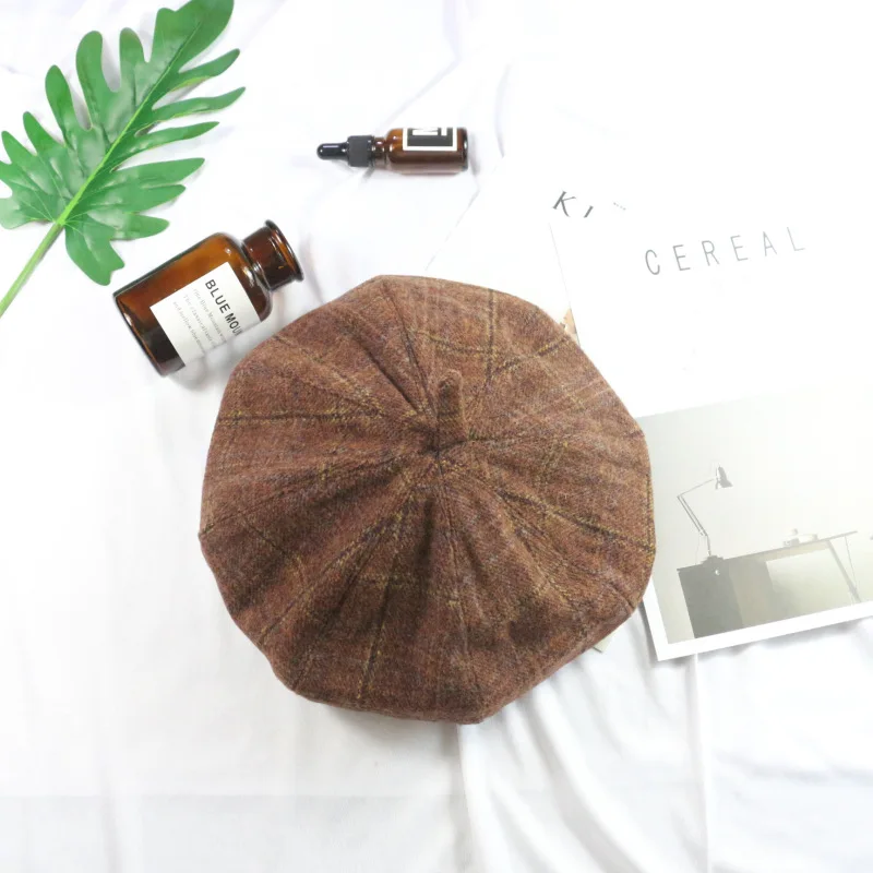 Style Retro British Style Plaid Pattern Beret Hat Female Autumn And Winter New Style Fashion Painter Cap - Цвет: Orange