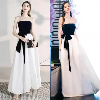 

Long Strapless Bow Black White Evening Dress 2020 New Noble Simple Prom Dress A-line Vintage Formal Party Gowns Robe De Soiree