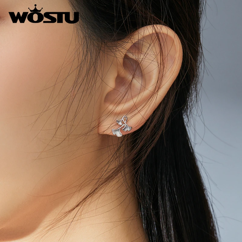 WOSTU, стильный, настоящее 925 пробы, серебряные серьги-гвоздики в виде листьев гинкго для женщин, свадебные маленькие серьги, модное ювелирное изделие, подарок CTE328