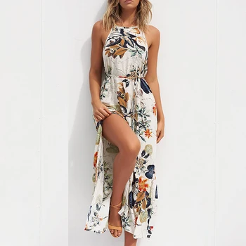 

2019 Women Summer Beach Floral Long Sleeveless Wave Silk Sexy Floral Dress