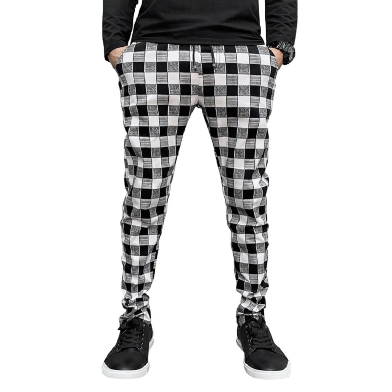 New Men's Fashion Slim Trousers Comfortable Plaid Black White Casual Pencil pants M-XXL