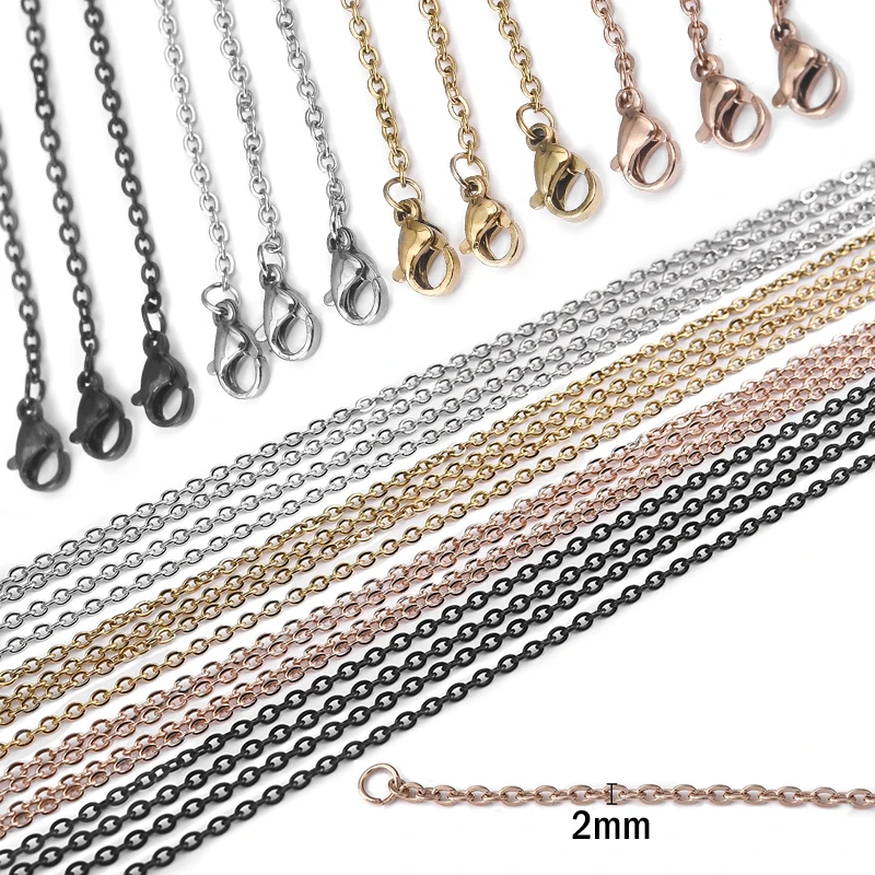 

10pcs 50cm Width 2mm Stainless Steel Link Chain Silver Gold Black With Lobster Clasp Cuban Chain Necklaces for Jewelry Making