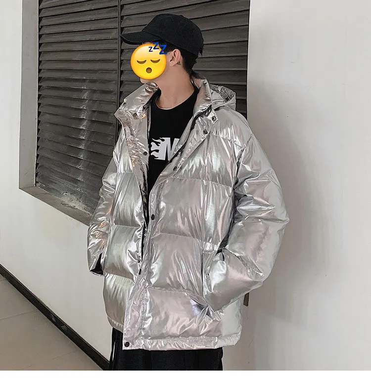 Cotton-padded Jacket New Style Men's Silver Bright Surface Hooded Cotton Coat Men's Popular Brand INS Northeast Cold Nation