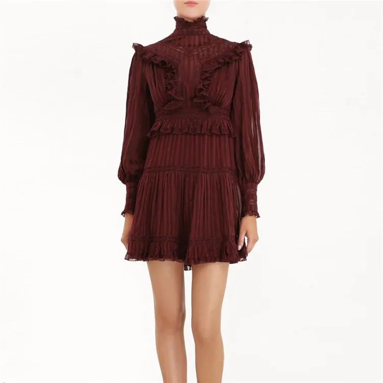 Vintage Wine Red Lace Ruffles Women Dress Autumn Winter Runway Designer Long Sleeve Mini Dress Vestido