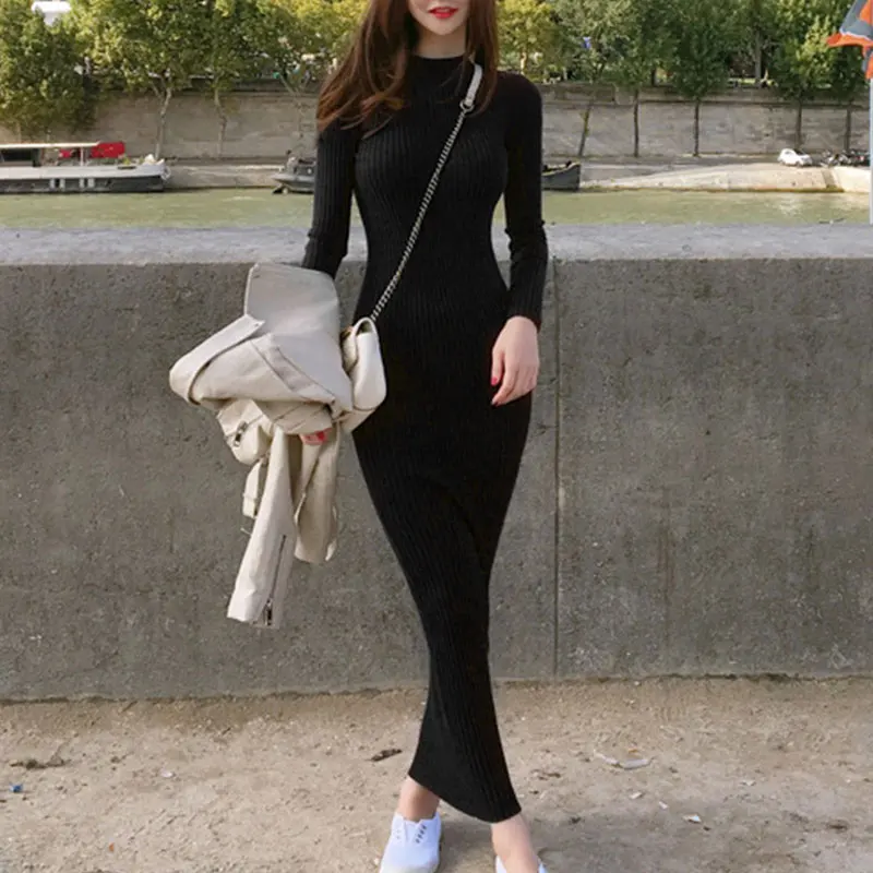 

Thick Bodycon European Pullover Sweater Dress 2020 Autumn Winter Solid Long Sleeve Slim Dropshipping Simple Base Women's Sweater