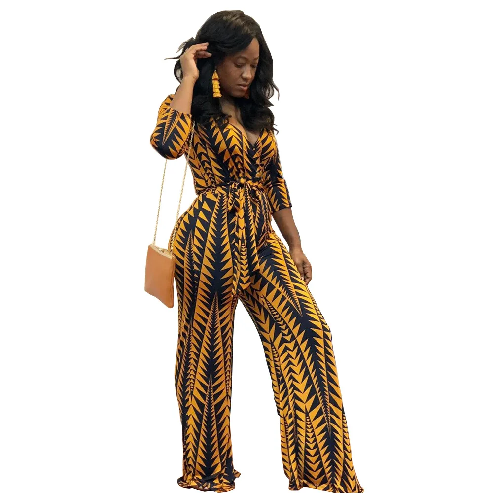 

Autumn Women Jumpsuits Casual Loose Geometric Print Yellow Rompers Ladies Sexy V-neck Long Sleeve Flares Jumpsuit With Sashes