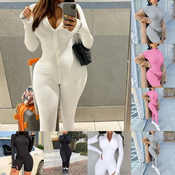 

Turtleneck Knit Rib Bodycon Fitness Playsuit Sportswear Long Sleeve Zipper Body Embroidery Lucky Rompers Womens Jumpsuit