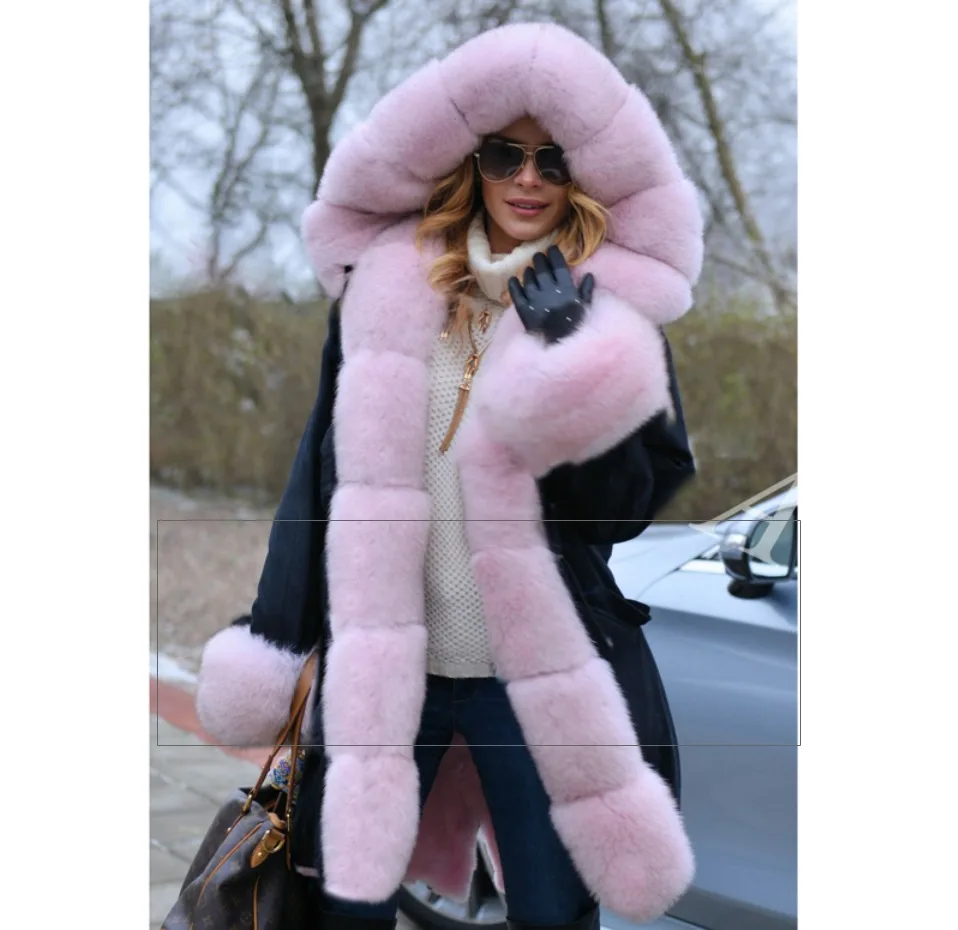 CKMORLS, Новое поступление, черная куртка с розовым меховым воротником, парки из натурального меха для женщин, зимнее пальто, толстое теплое, плюс размер, капюшон, меховая куртка