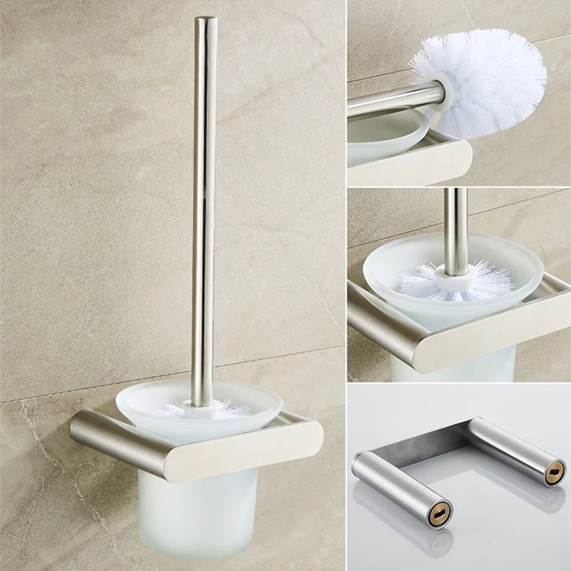 WZLY Bathroom Toilet Brush Chrome With Holder Glass Cup Contemporary Style Polished Stainless Steel Accessories | Обустройство дома