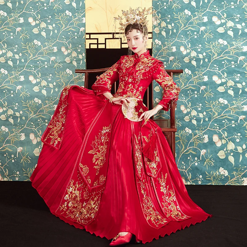 

FZSLCYIYI Exquisite Flower Embroidery Tassel Wedding Bride Chinese Style Cheongsam Traditional Long Qipao Women's Marry Clothes