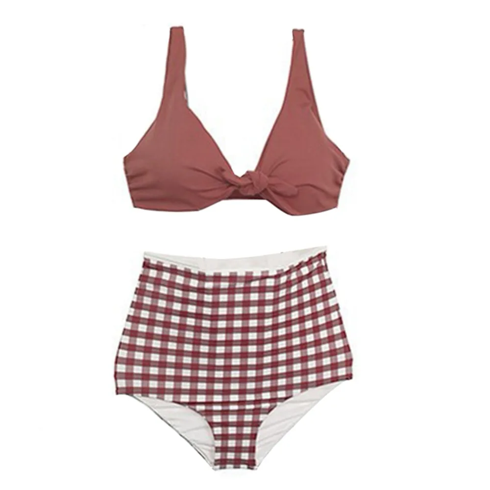 

Summer Women's Bikini Padded Bra Bandage Two Pieces Plaid Swimsuit High Waist Beachwear Swimwear Swim Bathing New