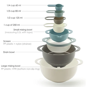 

8Pc Kitchen Salad Mixing Bowl Multi-use Nesting Stackable Bowls Set Measuring Cups Spoon Colander Sifter Cooking Baking Tools