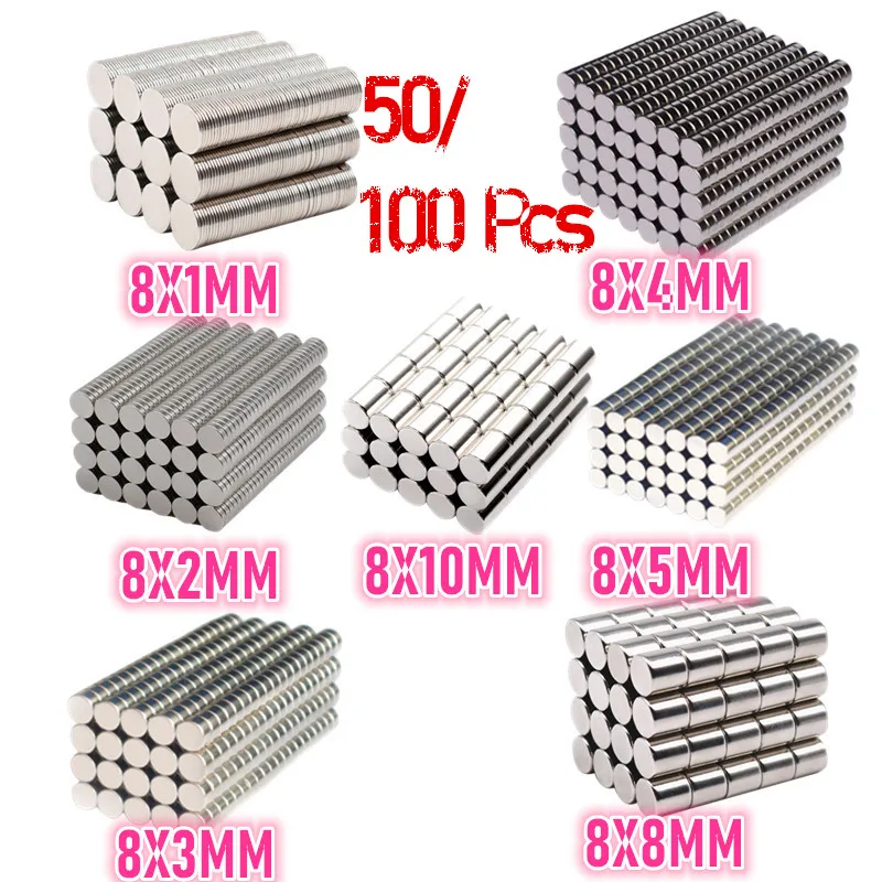 50/100 шт. Samll магнит Неодимовый Диск Dia8mm x 2 мм 8X1 8X3 8X4 8X5 8X8 8X10 N35 мини круглый диск