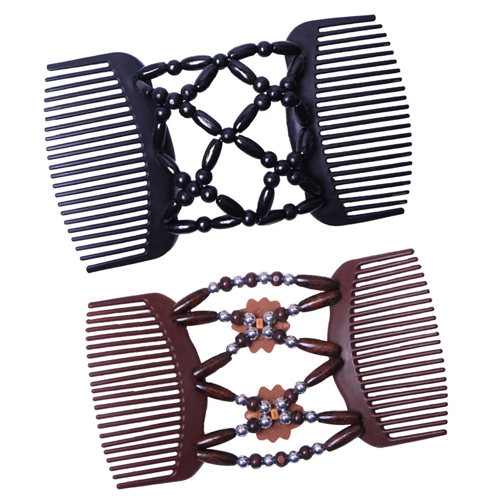 2Pcs Women Hair Slide Stretchy Double Hair Comb Clip Wood Beads Hair Styling