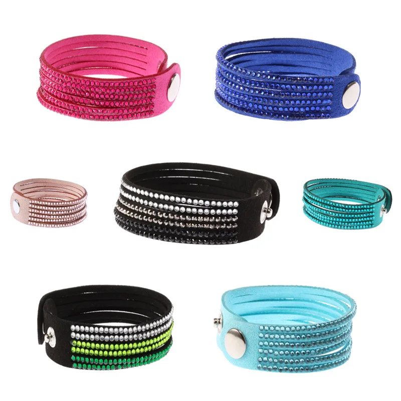 

VOHE Leather Bracelet Handmade Bracelet with Bling Rhinestone Wrap Leather Bracelet Hot Drill Bangle for Girl/Women Gift