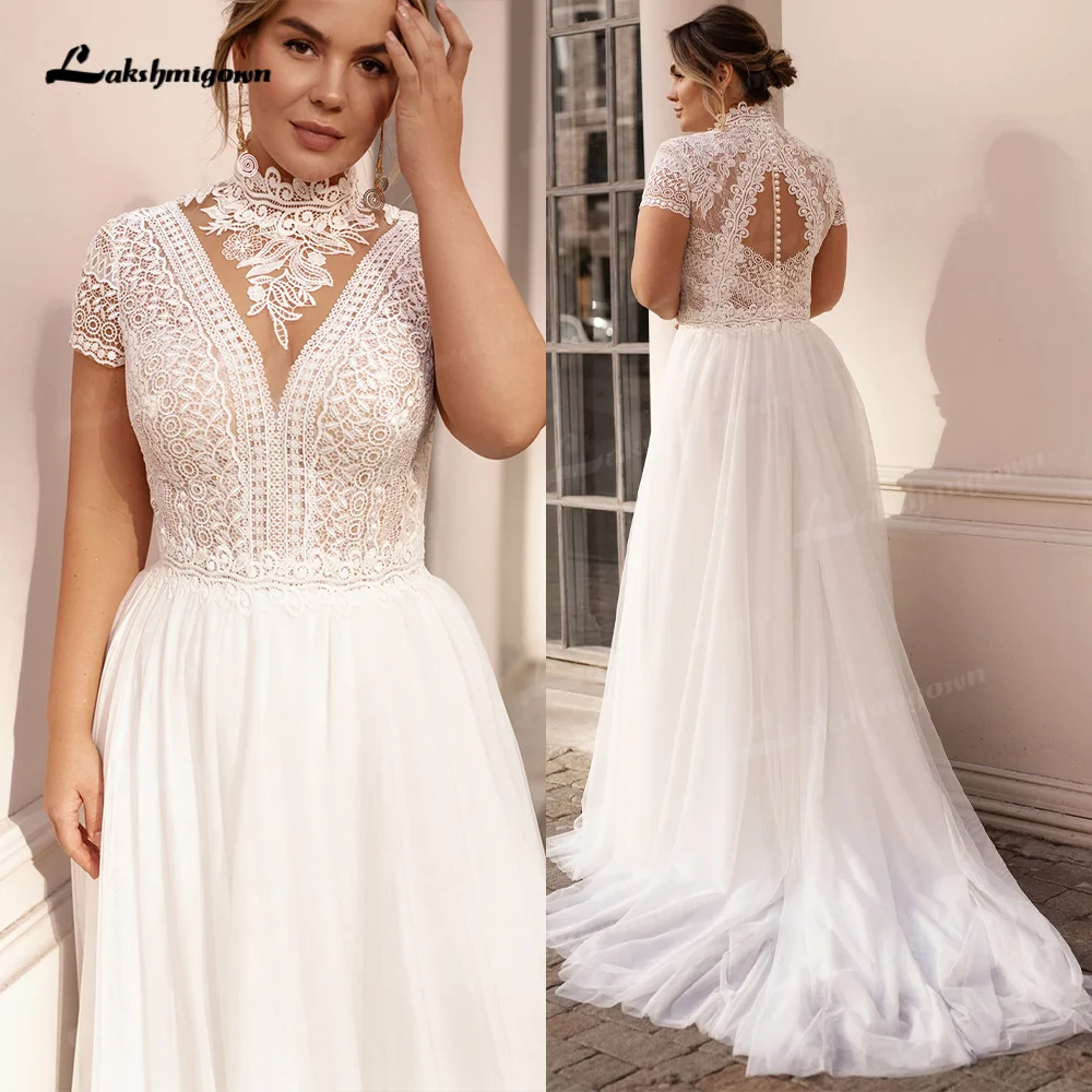 Vintage Halter Boho Wedding Dresses Cap Sleeves Elegant Lace Bohemian